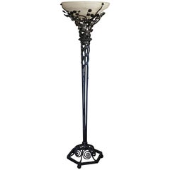 Excellent Art Deco Style Wrought Iron and Pure White Alabaster Shade Floor Lamp