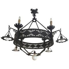 Large Antique Gothic Revival Wrought Iron Nine-Light Circular Chandelier