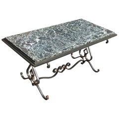 Great Shape Mid-Century Retro Wrought Iron Coffee Table with Green Marble Top