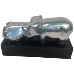 Modernist Polished Aluminum Hippopotamus on Black Wood Stand
