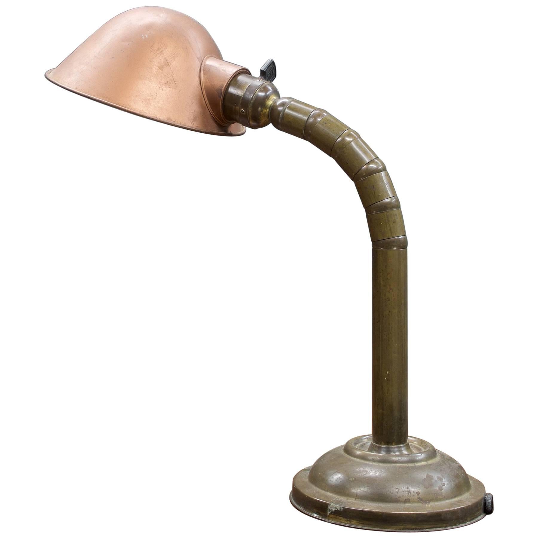 Lampe de table de lecture à col de cygne en cuivre de ferme du début du siècle