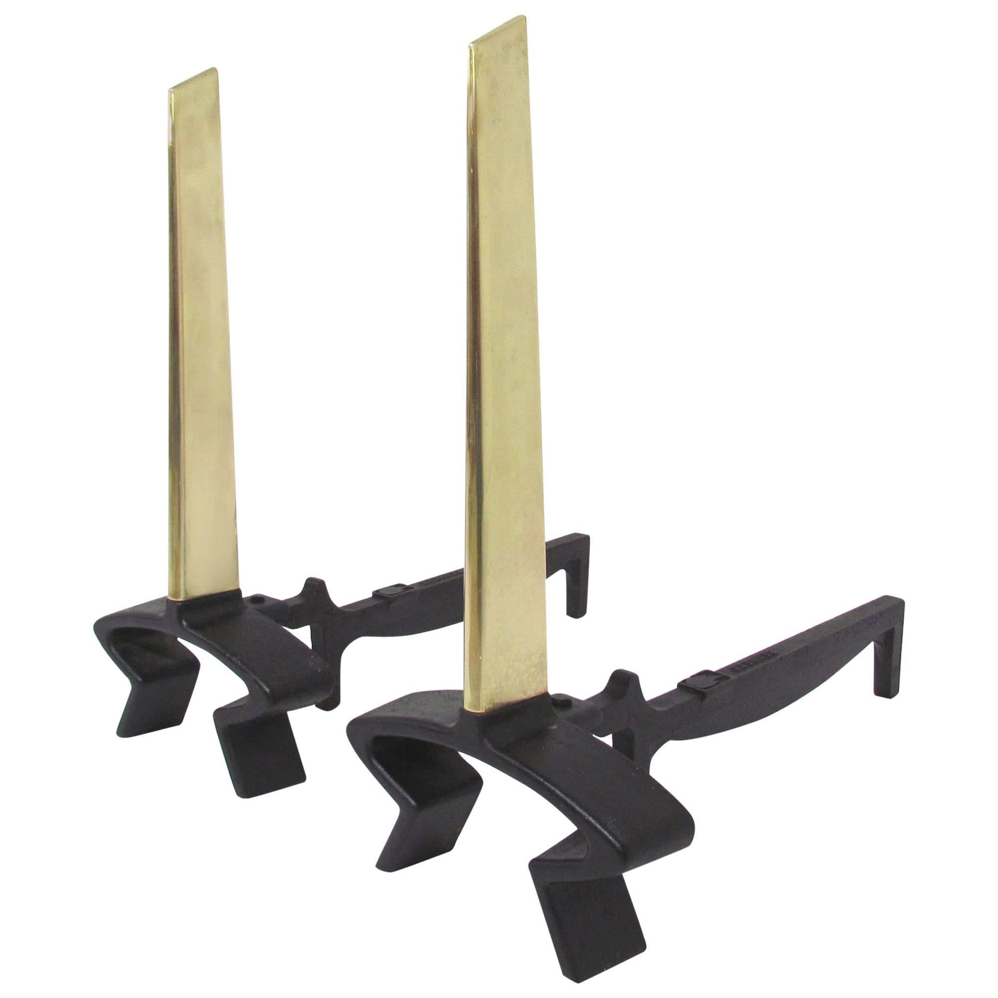 Modernist Donald Deskey Andirons for Bennett in Brass and Forged Iron