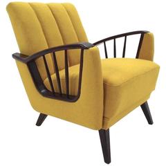 German Yellow Wool and Oak Armchair Reupholstered Midcentury Chair, 1950s