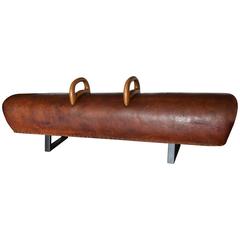 Bench from Vintage Leather Gym Pommel Horse with Steel Bracket Legs