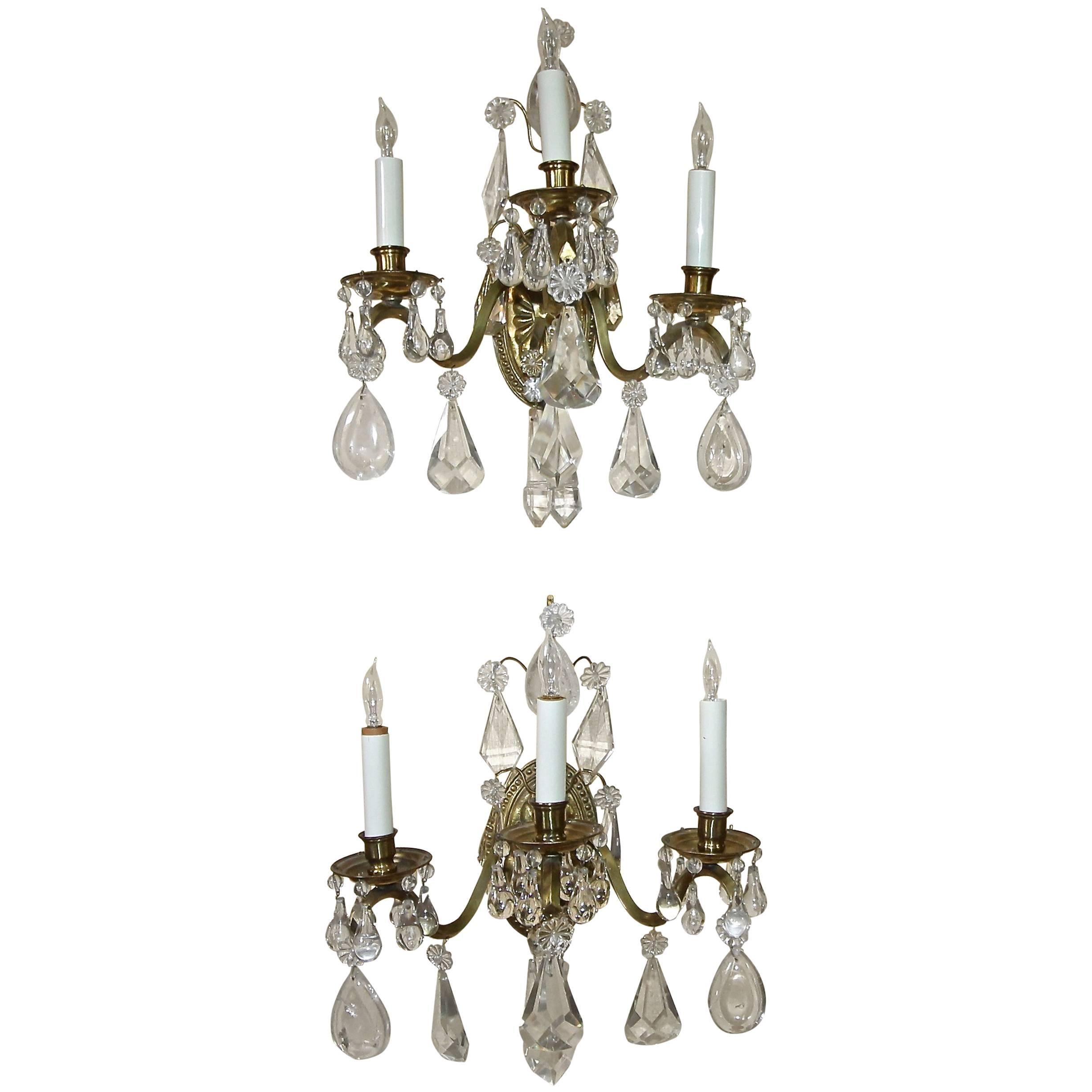 Pair of French Rock Crystal Brass Wall Sconces For Sale