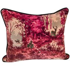 Black Forest Handmade Cushion in Red Velvet Hand Embroidered with Hunting Scene