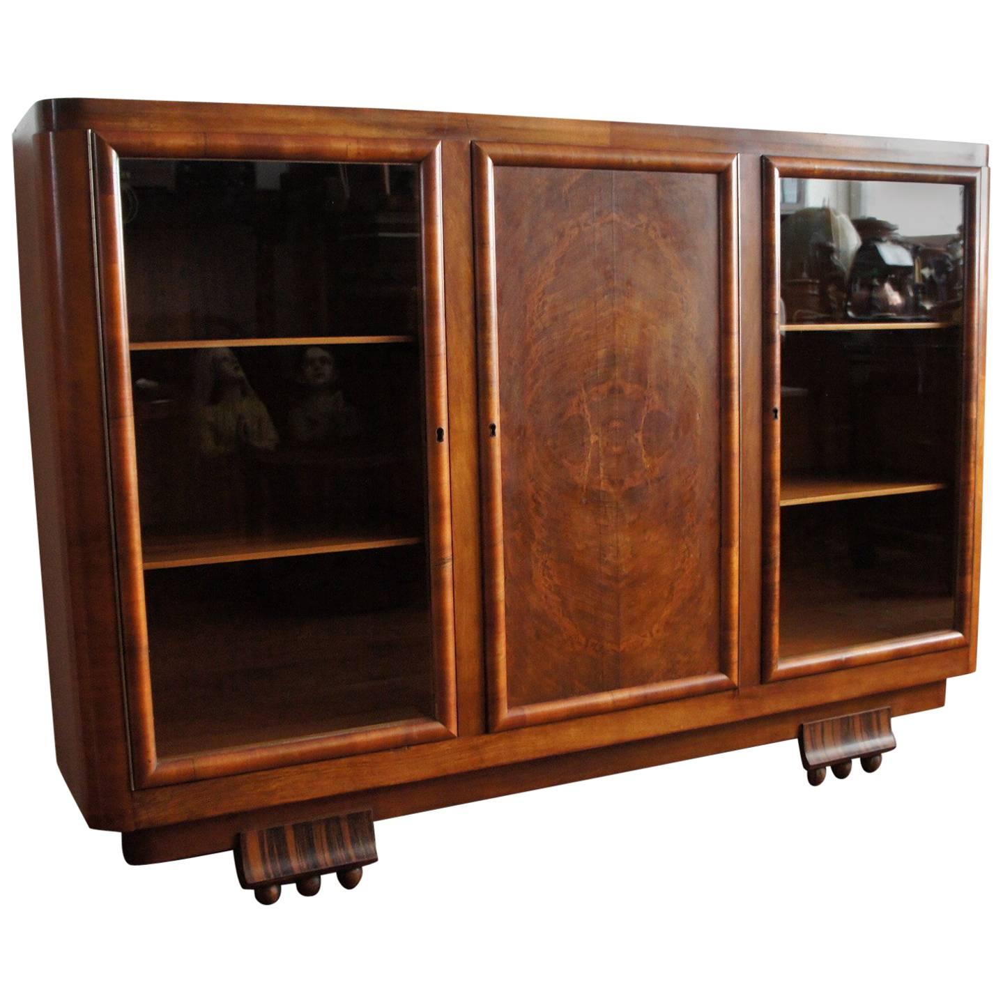 Striking 1930s Art Deco Nutwood and Macassar Ebony Bookcase and Display Cabinet