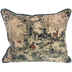 Black Forest Austrian Cushion in Blue Velvet with Hand Embroidered Hunting Scene