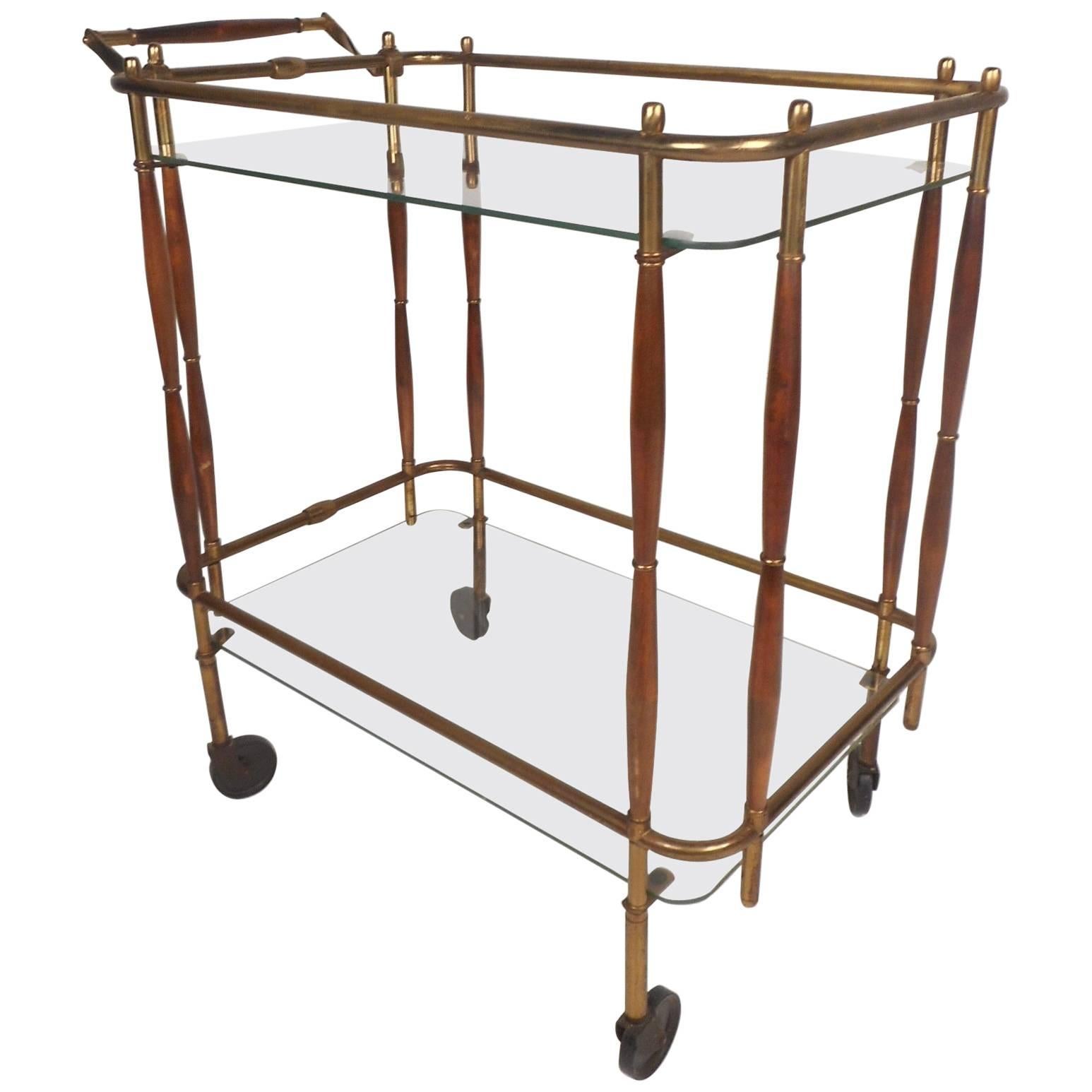 Unique Mid-Century Modern Brass and Wood Rolling Bar Cart