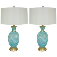 Blue Murano Antique Table Lamps by Archimede Seguso