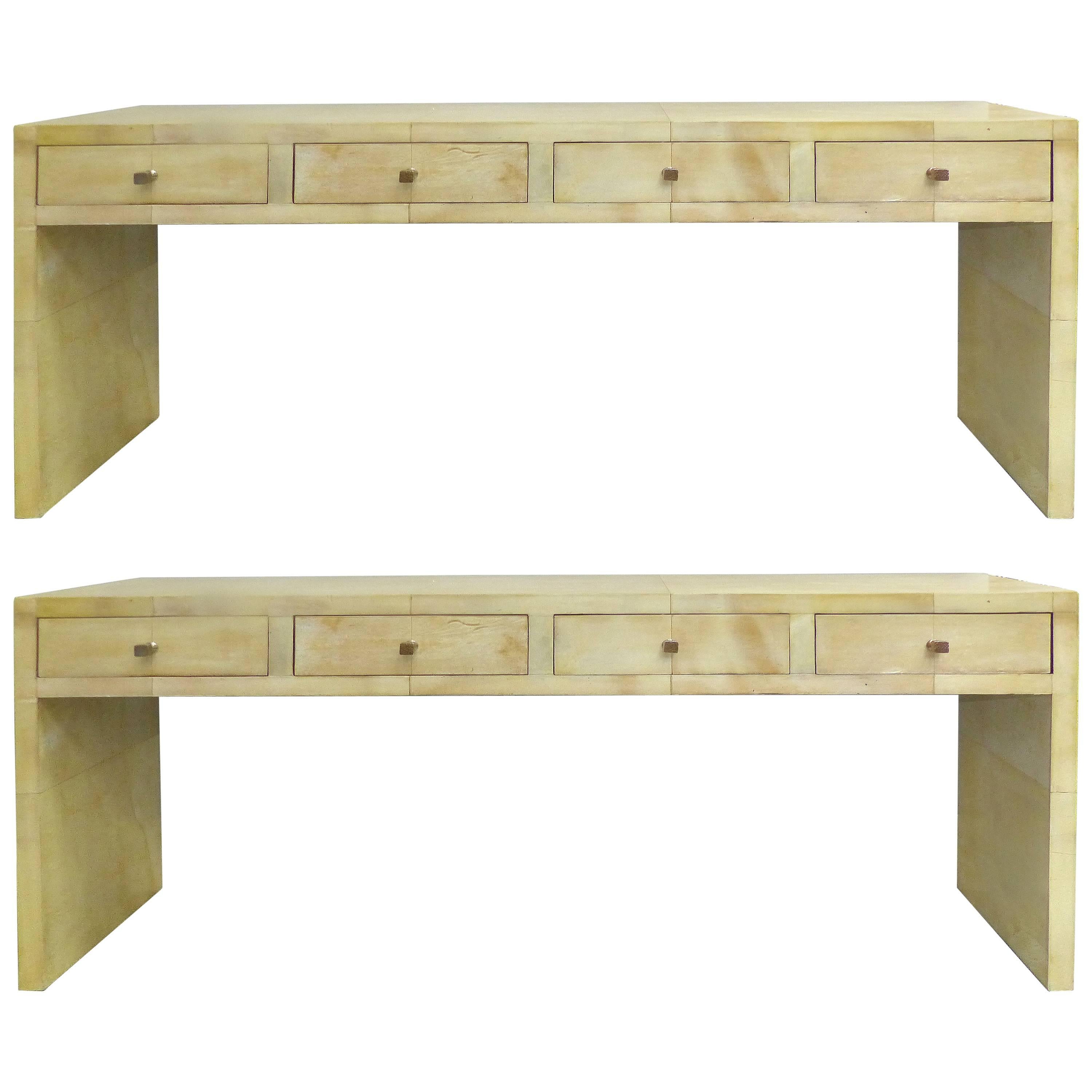Goatskin Clad Wood Four-Drawer Console Tables with Hammered Copper Handles
