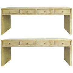 Goatskin Clad Wood Four-Drawer Console Tables with Hammered Copper Handles 4