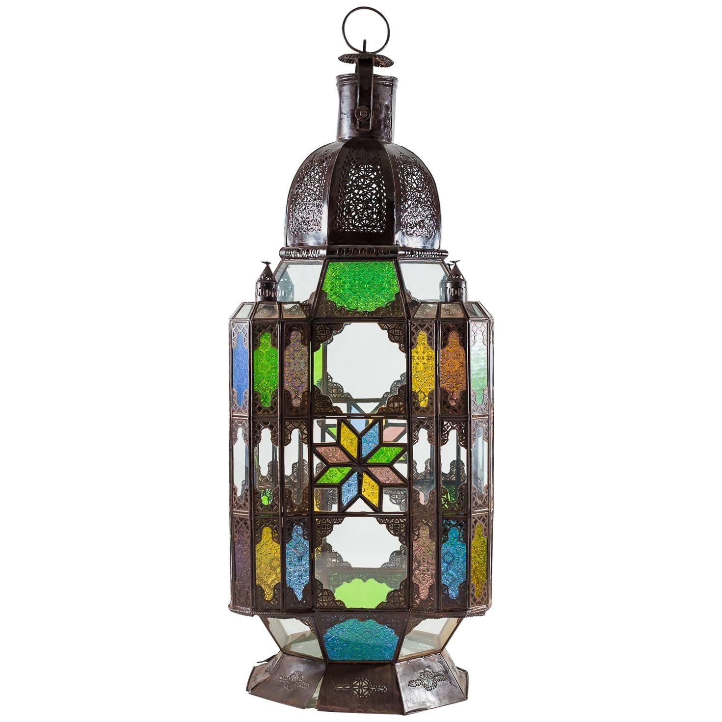 Hand Crafted Moroccan Lantern with Colored Panes For Sale
