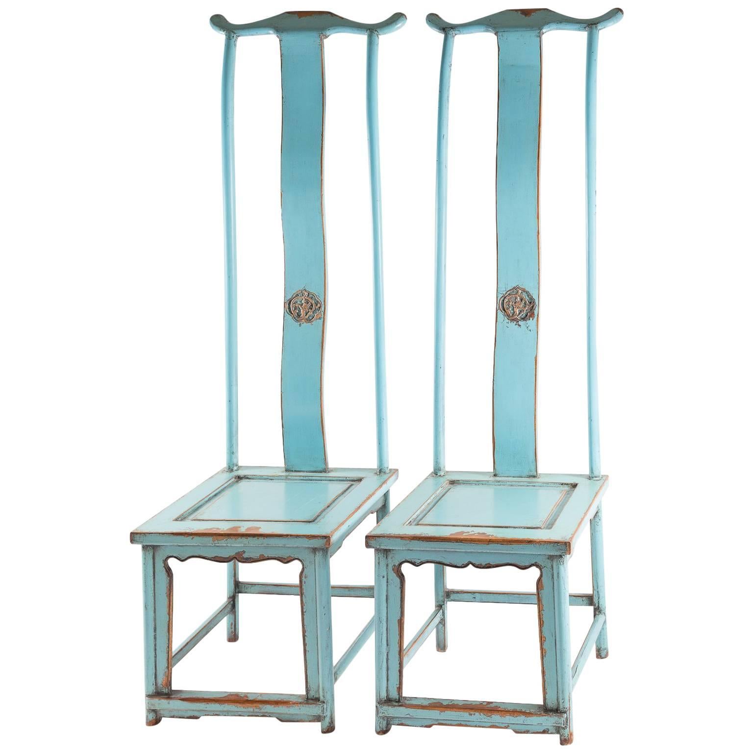 Pair of Blue Painted Elm Yoke Back Officials Hat Chairs For Sale