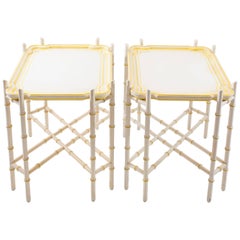 Pair of Baker Mid-Century Chinoiserie Yellow Trimmed Faux Bamboo Tray Tables