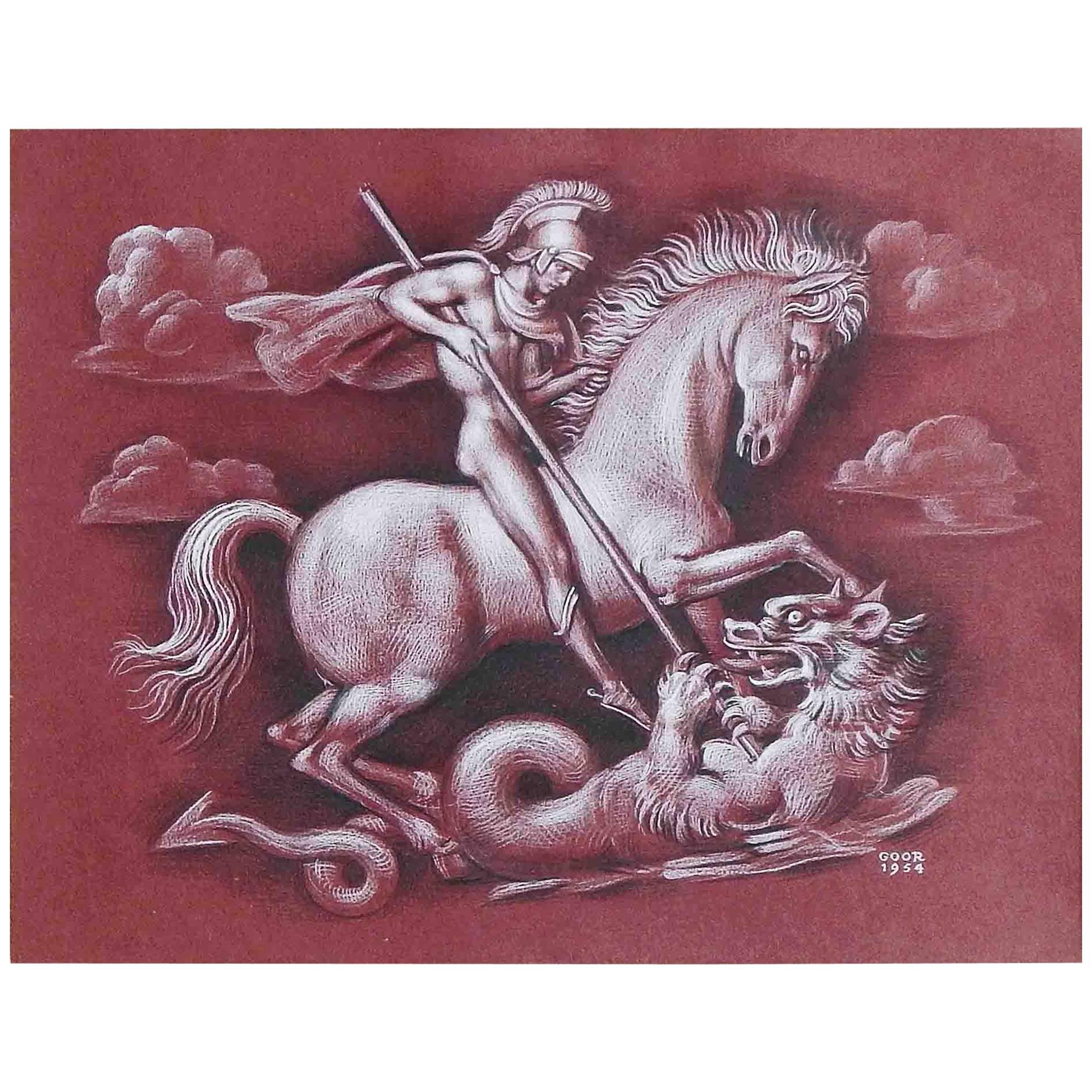 "St. George and the Dragon, " Art Deco Drawing with Male Nude by Goor