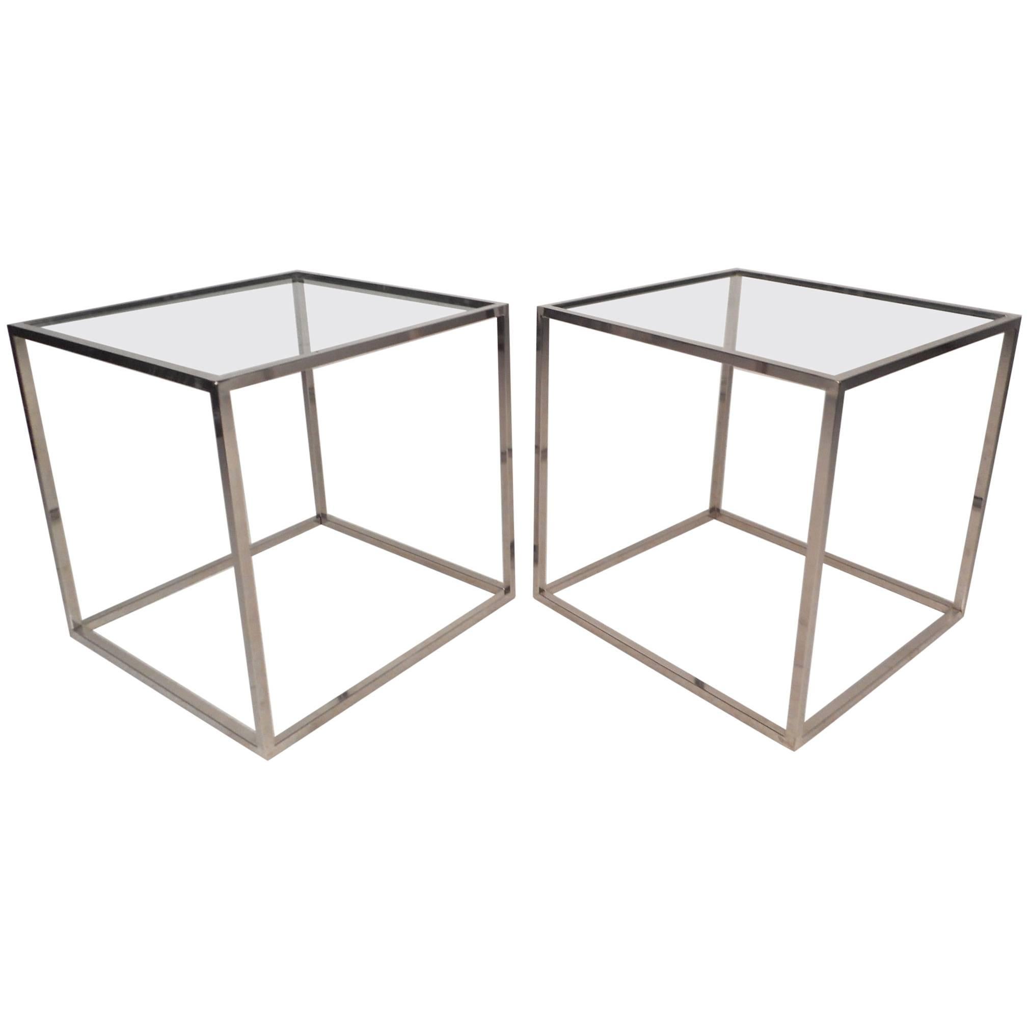 Mid-Century Modern Cube Chrome End Tables in the Style of Milo Baughman