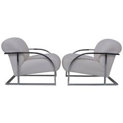 Pair of Milo Baughman Polished Chrome Curved Arm Flat Bar Lounge Chairs