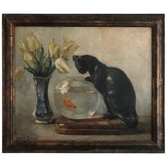 Cat with Fish Bowl Still Life Oil on Canvas Painting by Andree Guerin, French