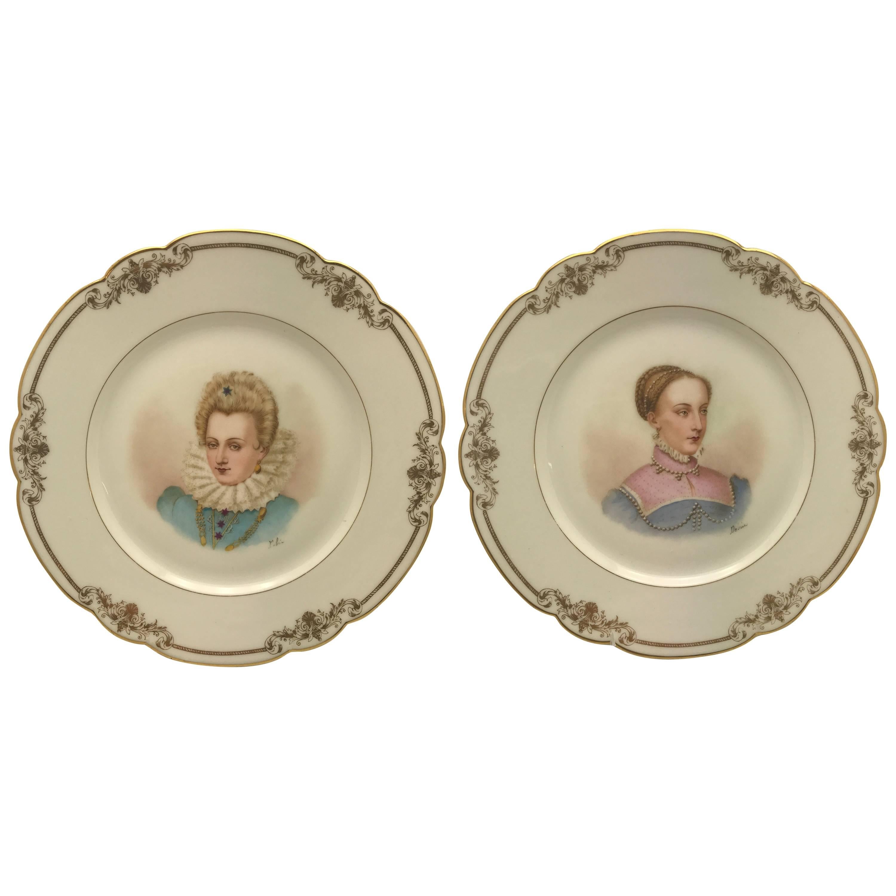 Pair of Antique Sevres France Portrait Plates, Hand-Painted Artist Signed
