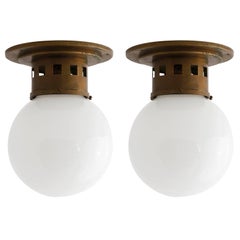 Pair of Art Deco Flush Mount Lights or Sconces, Patinated Brass Opal Glass