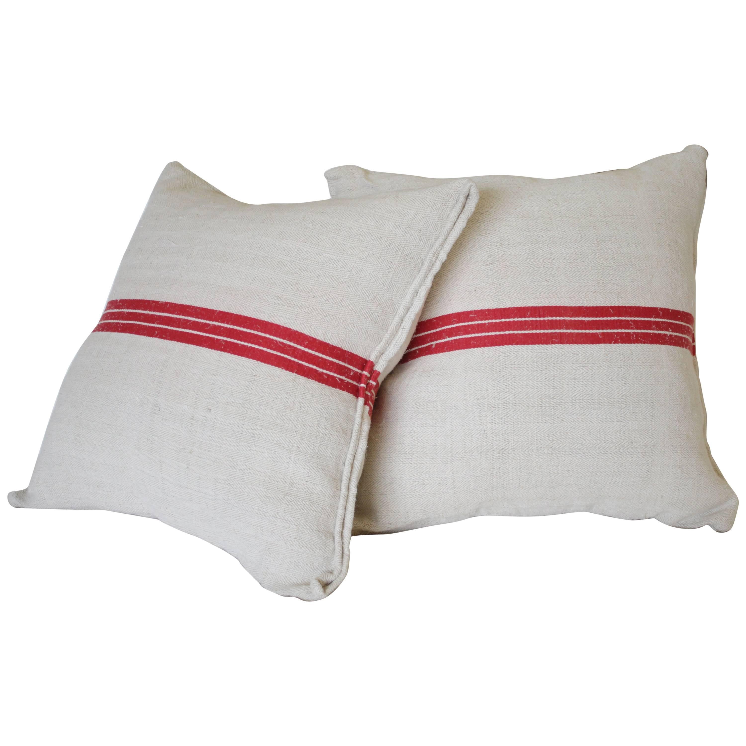 Pair of Red Stripe Antique European Linen Grainsack Pillows