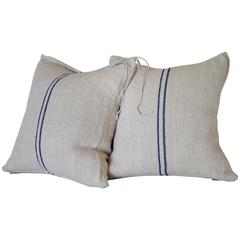 Pair of Nubby 19th Century Antique European Linen Grainsack Pillows
