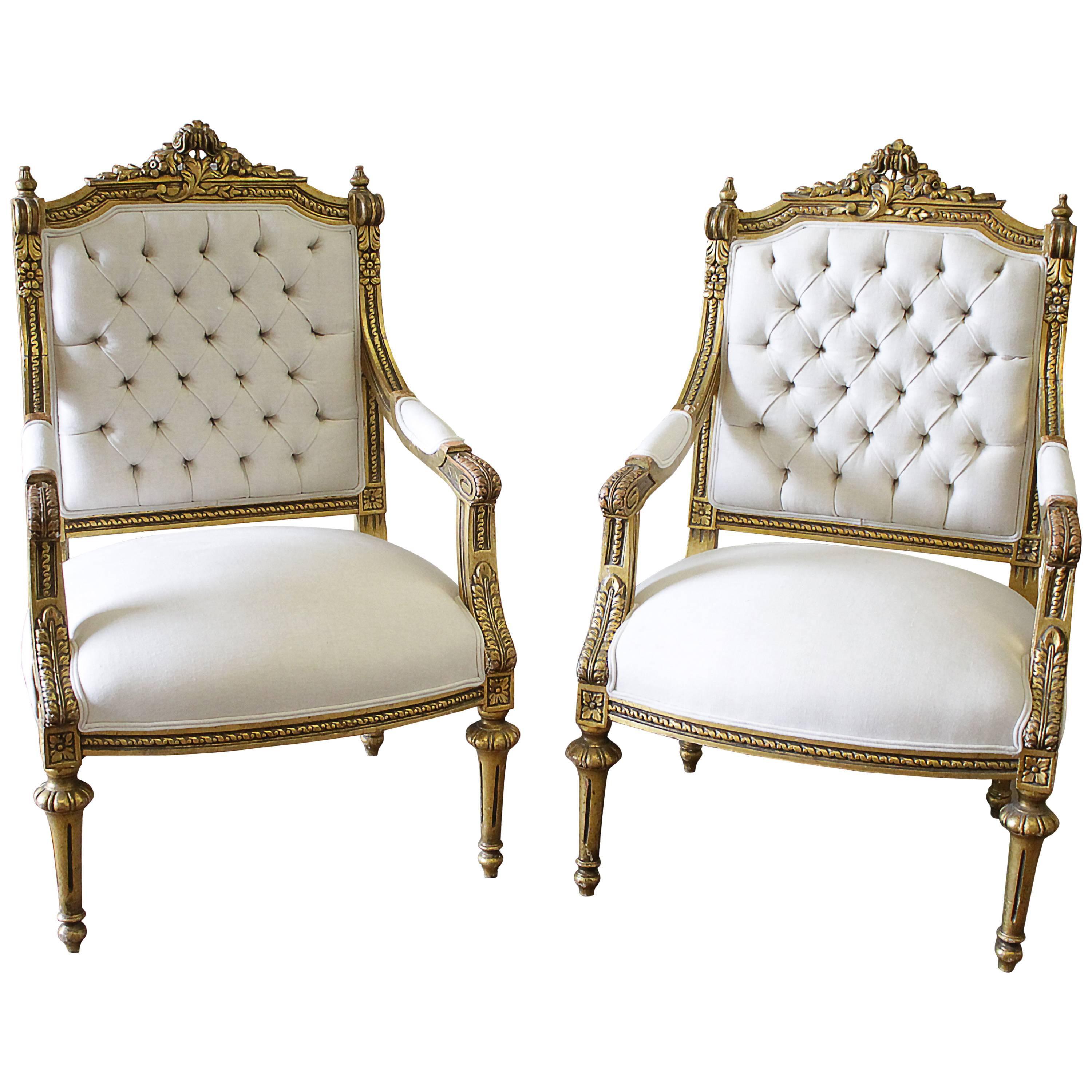 Pair of 19th Century Giltwood Linen Tufted Open Armchairs