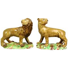 18th Century Pottery Figures of Lion and Lioness