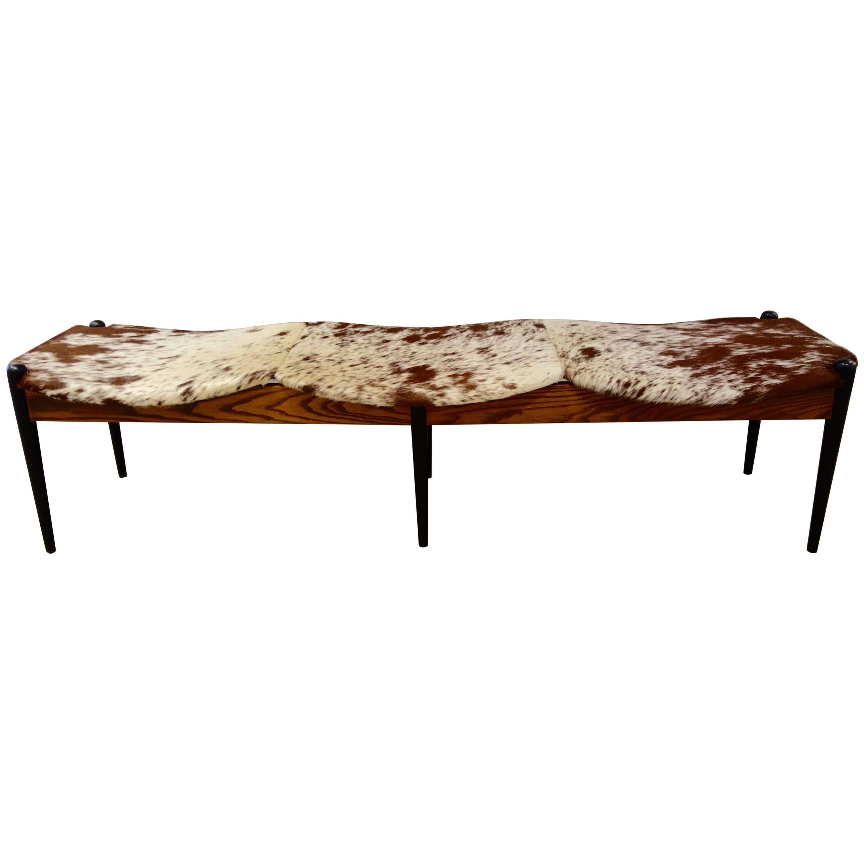 Danish Three-Seat Ebonized & Oak Brown and White Cowhide Upholstered 1960s Bench