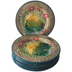 19th Majolica Leaves and Pink Flowers Plate Choisy Le Roi