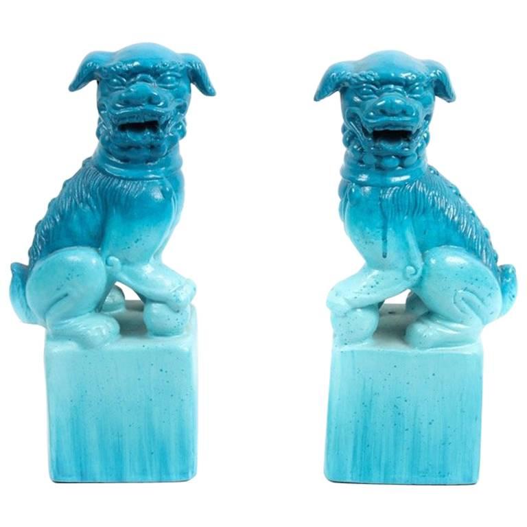 Pair of Chinese Blue Ceramic Guardian Lion
