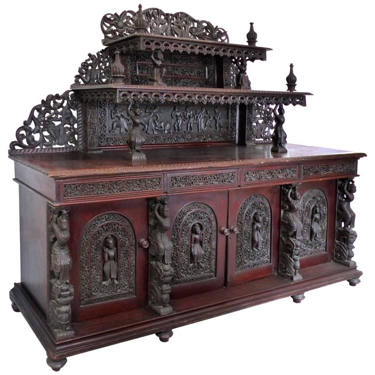19th Century Burmese OverScale Carved Rosewood AngloIndian Sideboard