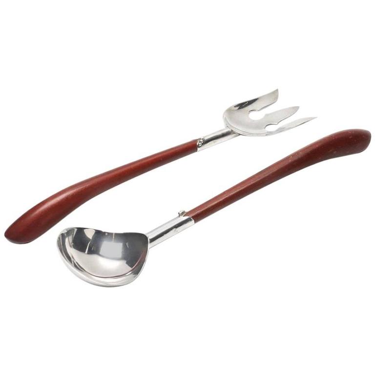 MidCentury Mexican Sterling Silver and Wood Salad Servers For Sale at