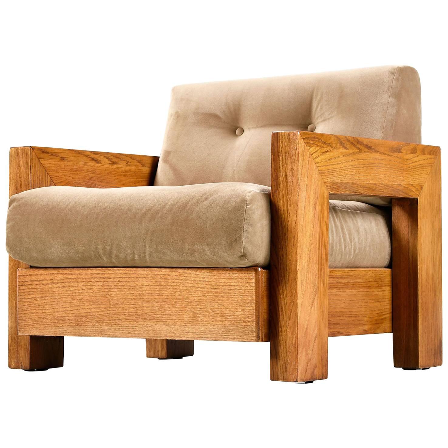 Mission Style Cube Oak Lounge Chair, 1970s