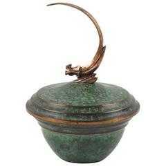 Art Deco Verdigris Covered Bronze Bowl Box by Carl Sorensen Brass Bird Finial 3