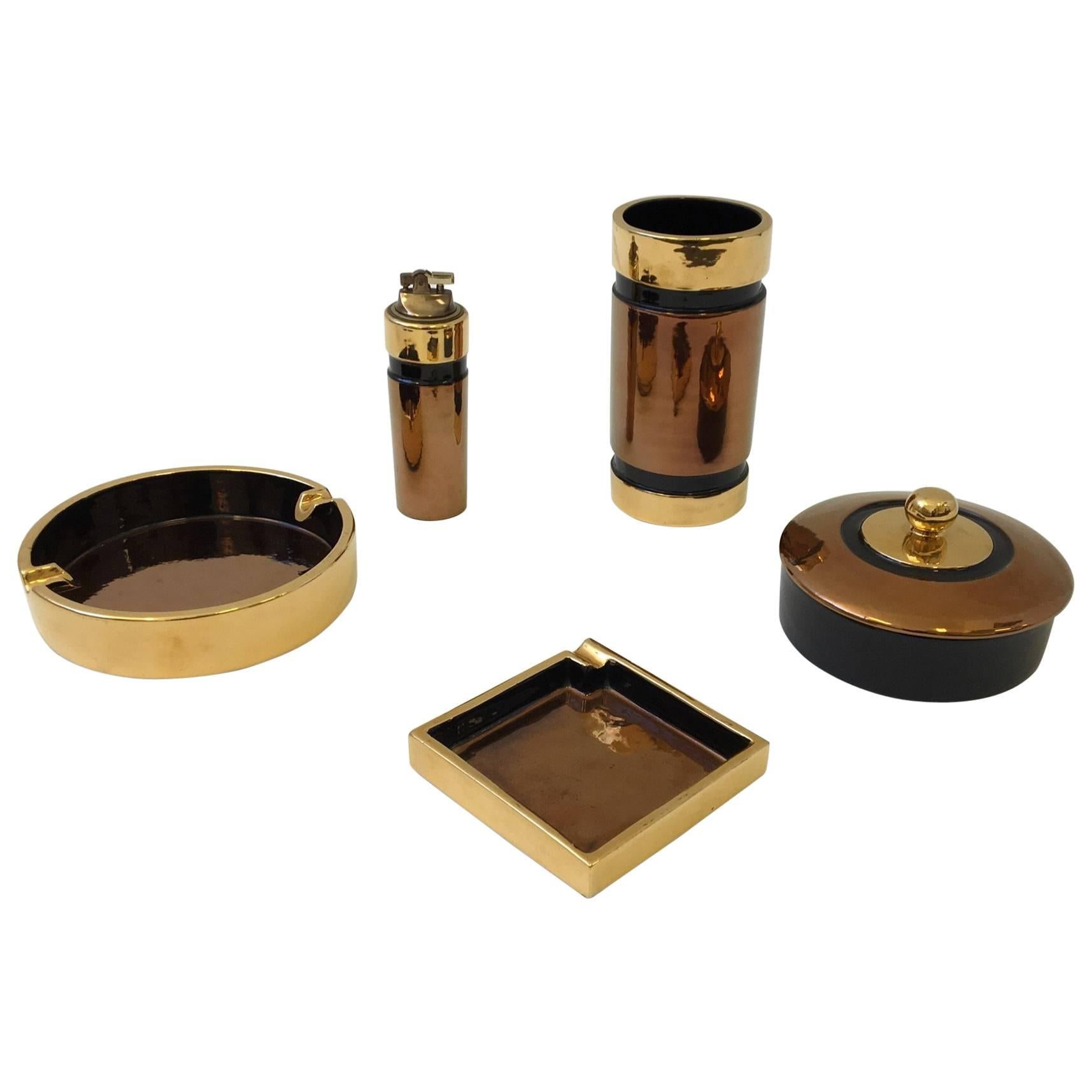 Gold and Copper Glazed Italian Ceramic Smoking Set by Bitossi