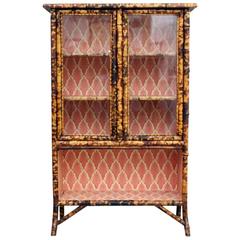 Antique Tiger Bamboo Glass Fronted Display Cabinet with Vintage Wallpaper