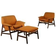 Two Armchairs with Pouf by Gianfranco Frattini for Cassina Vintage, Italy, 1960s