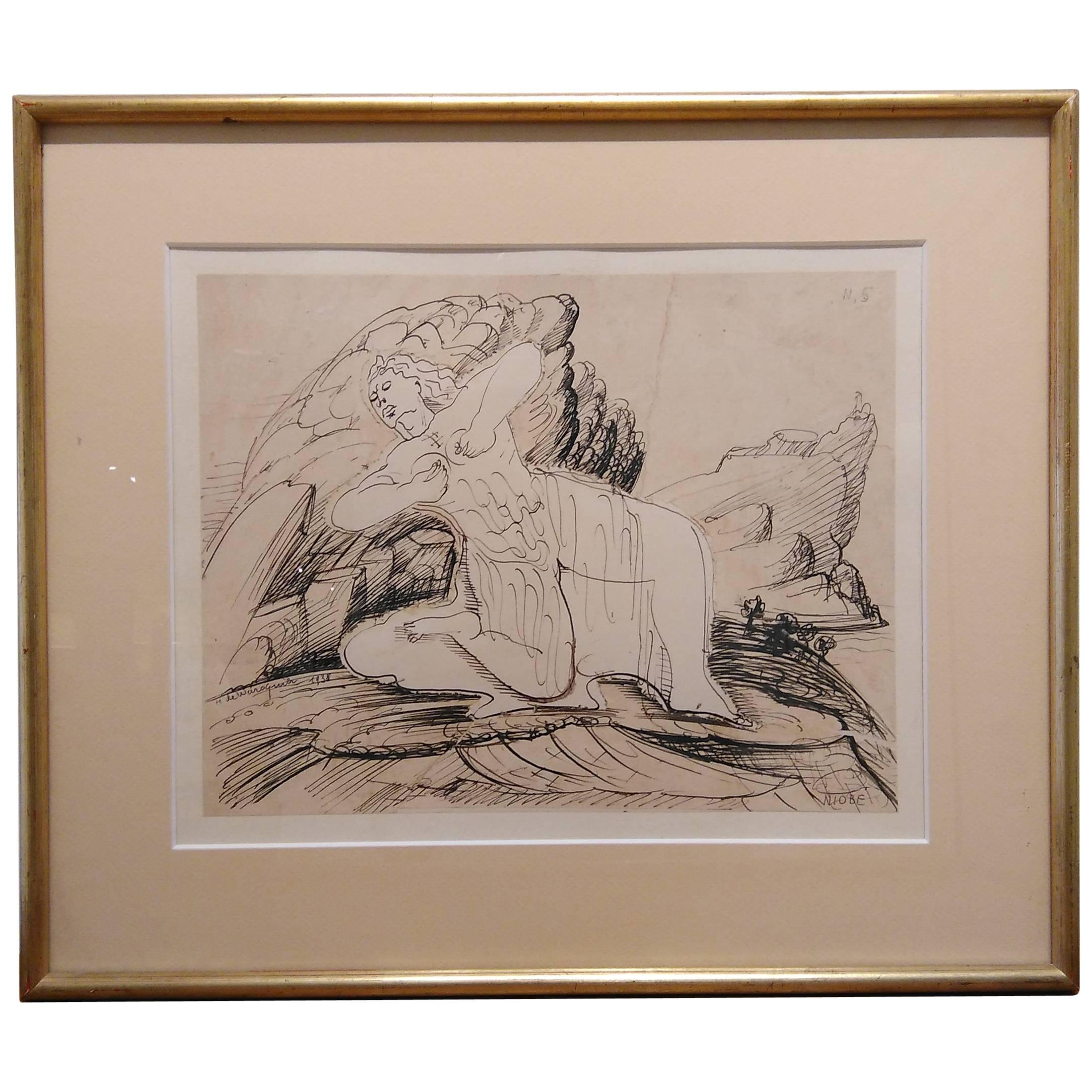 Signed Ink Drawing by Henry de Waroquier, France 1930s