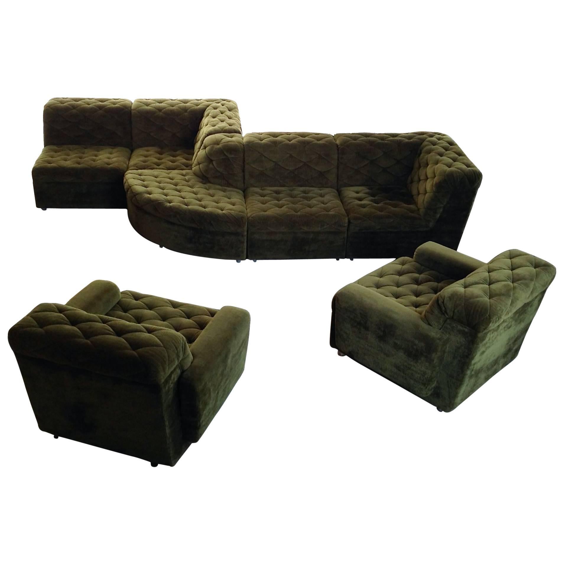 Modular Sofa with Snake Pattern in Beautiful Grass Green Velvet, Top Condition