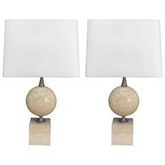 Pair of Large Travertine Table Lamps by Maison Barbier, France, 1970s
