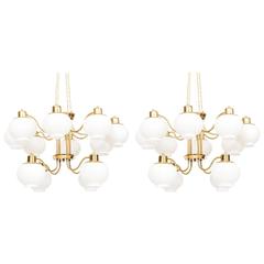 Pair of Ceiling Lamps in Brass and Opaline Glass Produced in Sweden