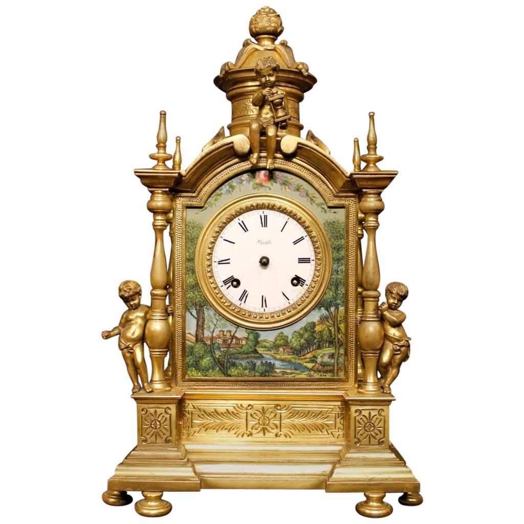 20th Century Italian Table Clock in Bronze with Signed Painted Decorations