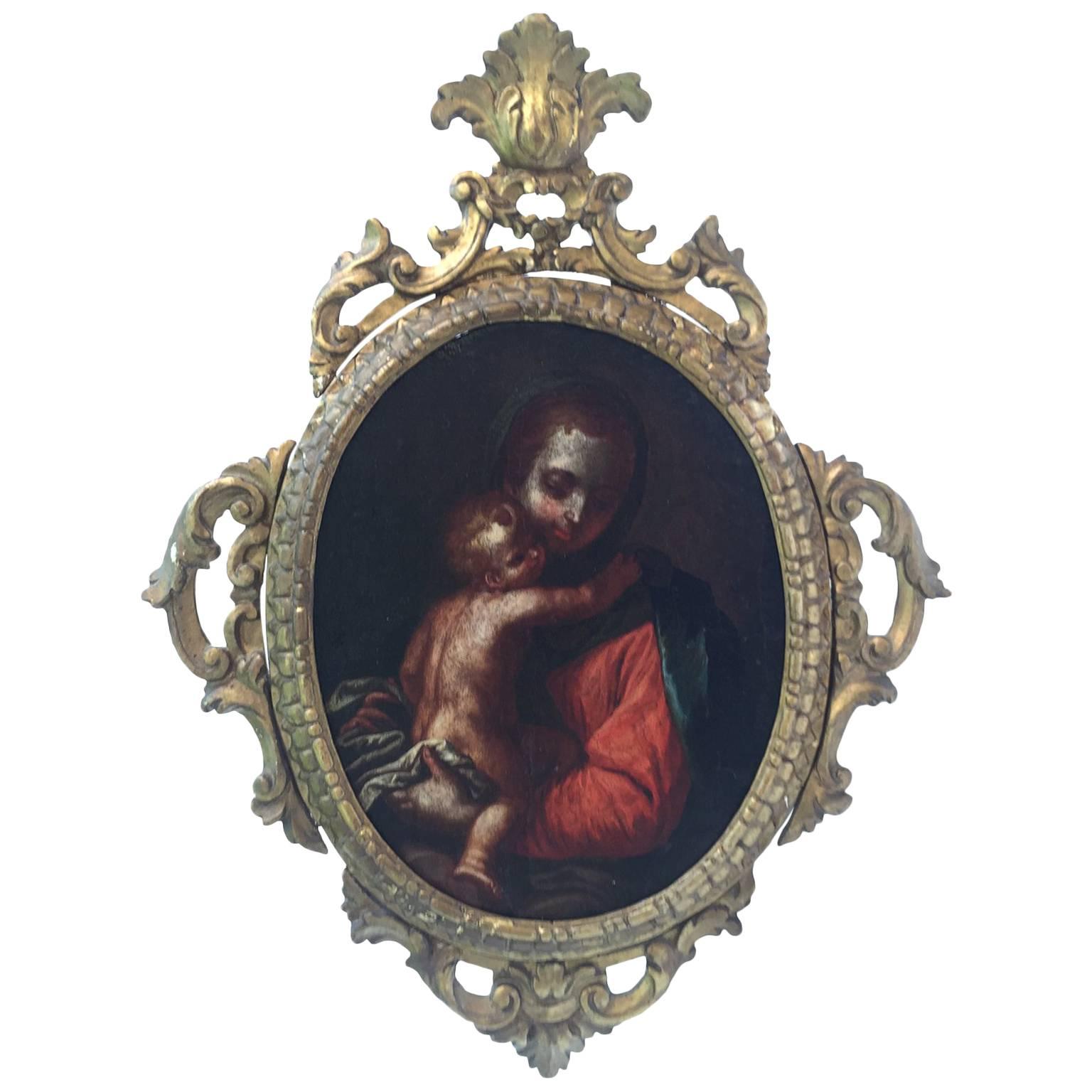 18th Century Italian Venetian School Virgin with Child Oval Religious Painting