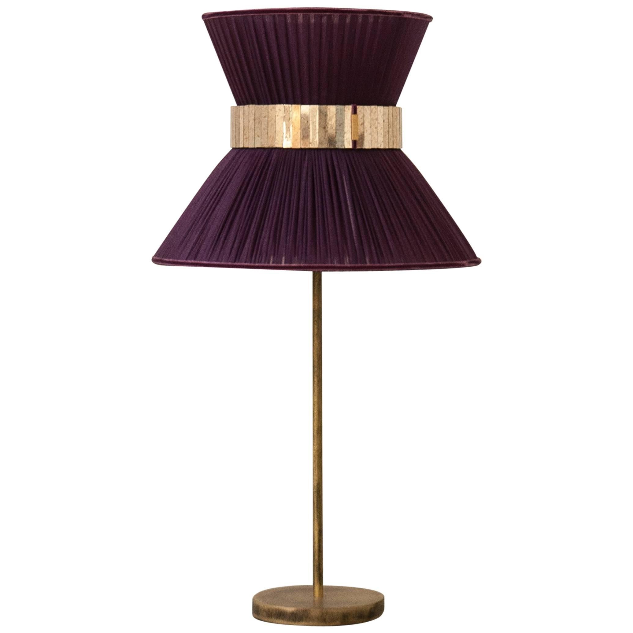  Tiffany contemporary table Lamp purple Silk Antiqued Brass Silvered Glass     