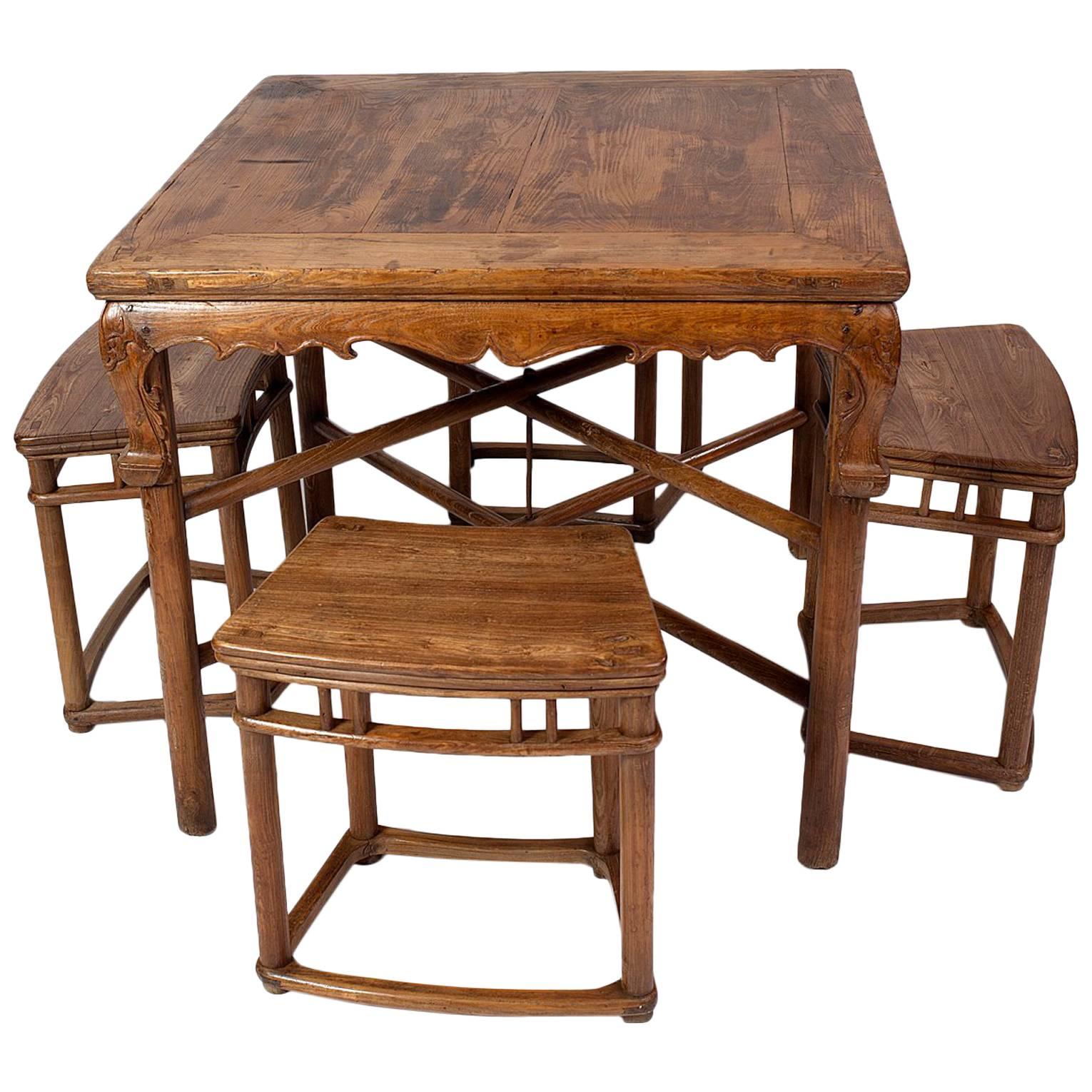Rare Qianlong Qing Dynasty Convertible Table with Four Stools 18th Century For Sale