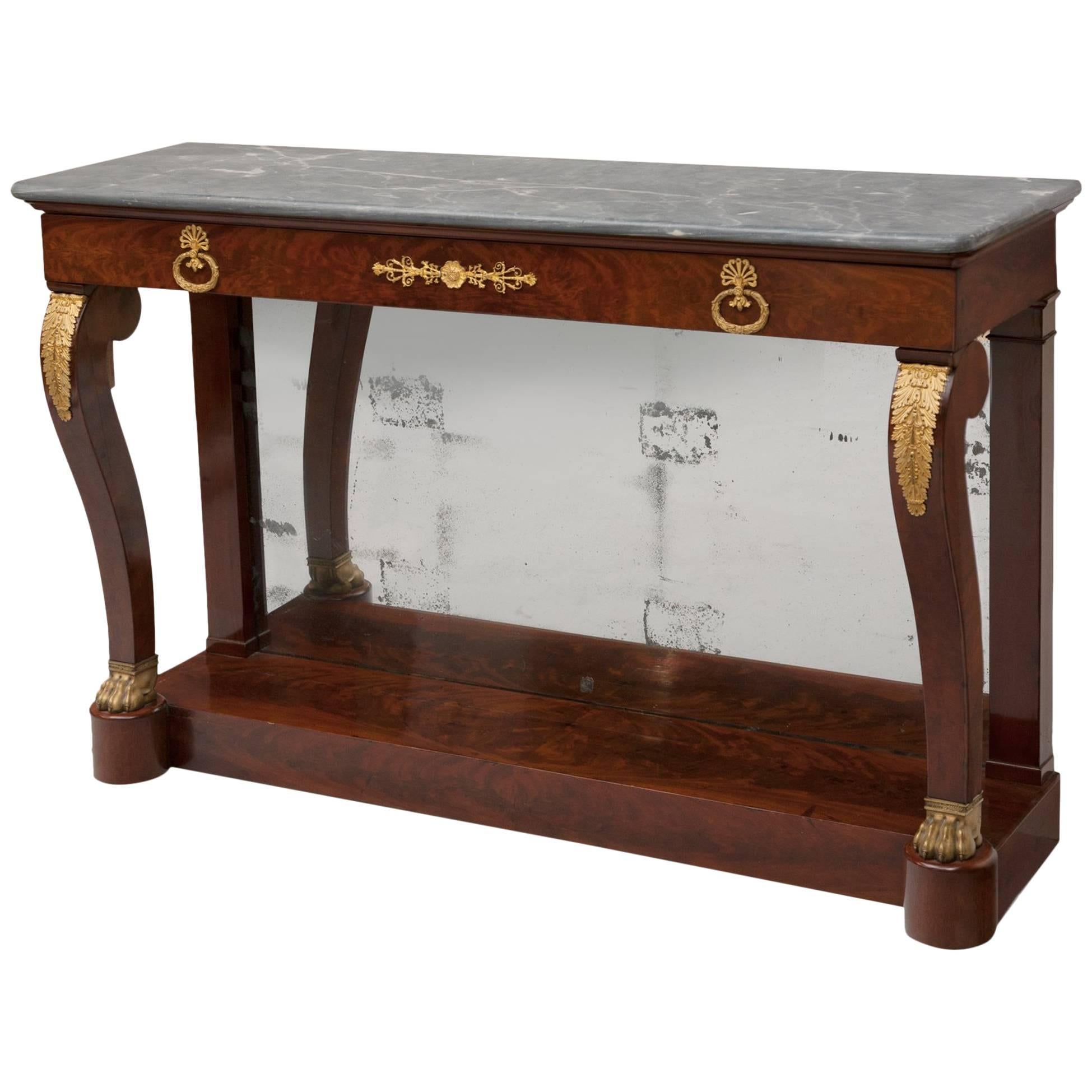 Large Empire Period Flame Mahogany Console with Bleu Turquin Marble, circa 1815 For Sale