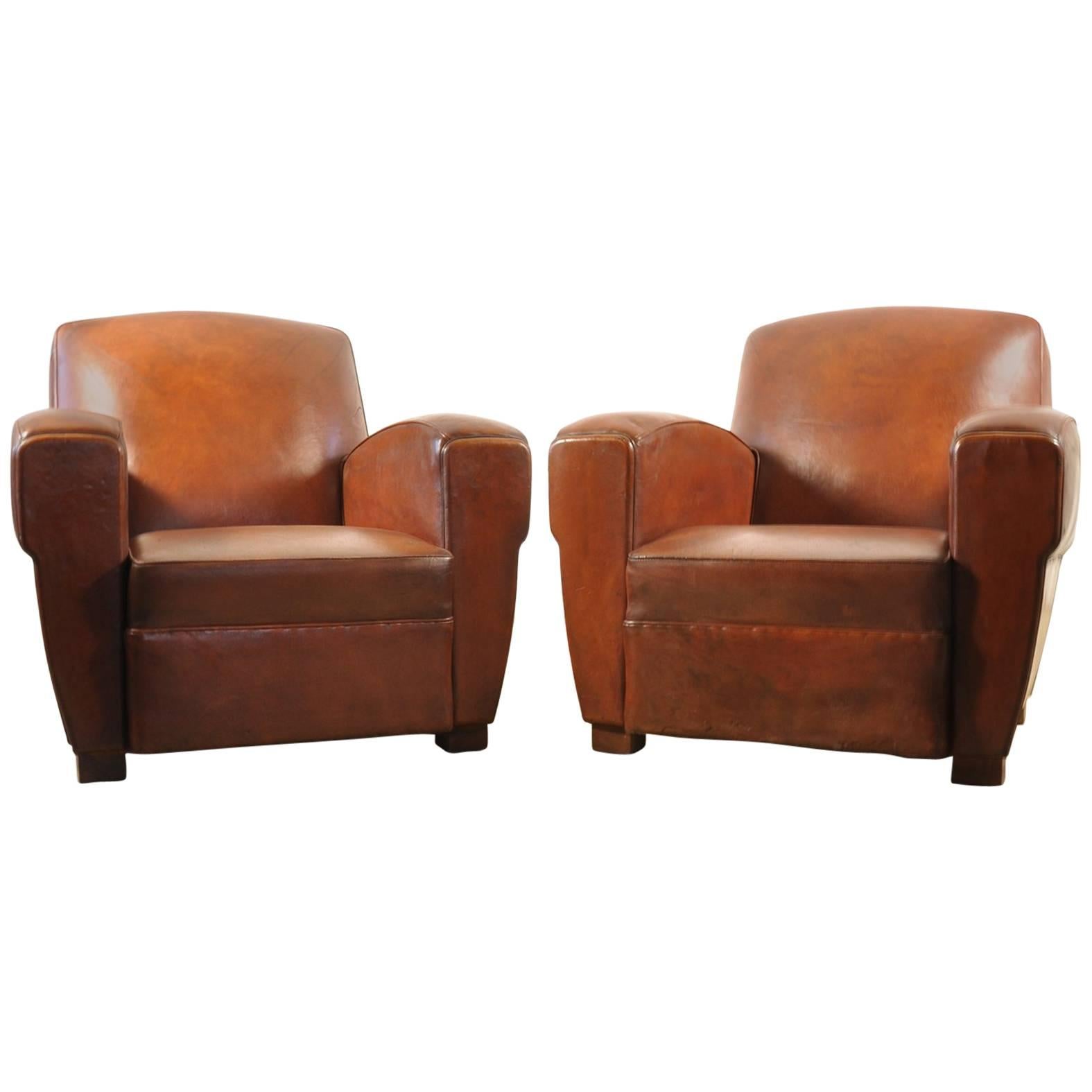 Pair of 1940s Leather Armchairs For Sale
