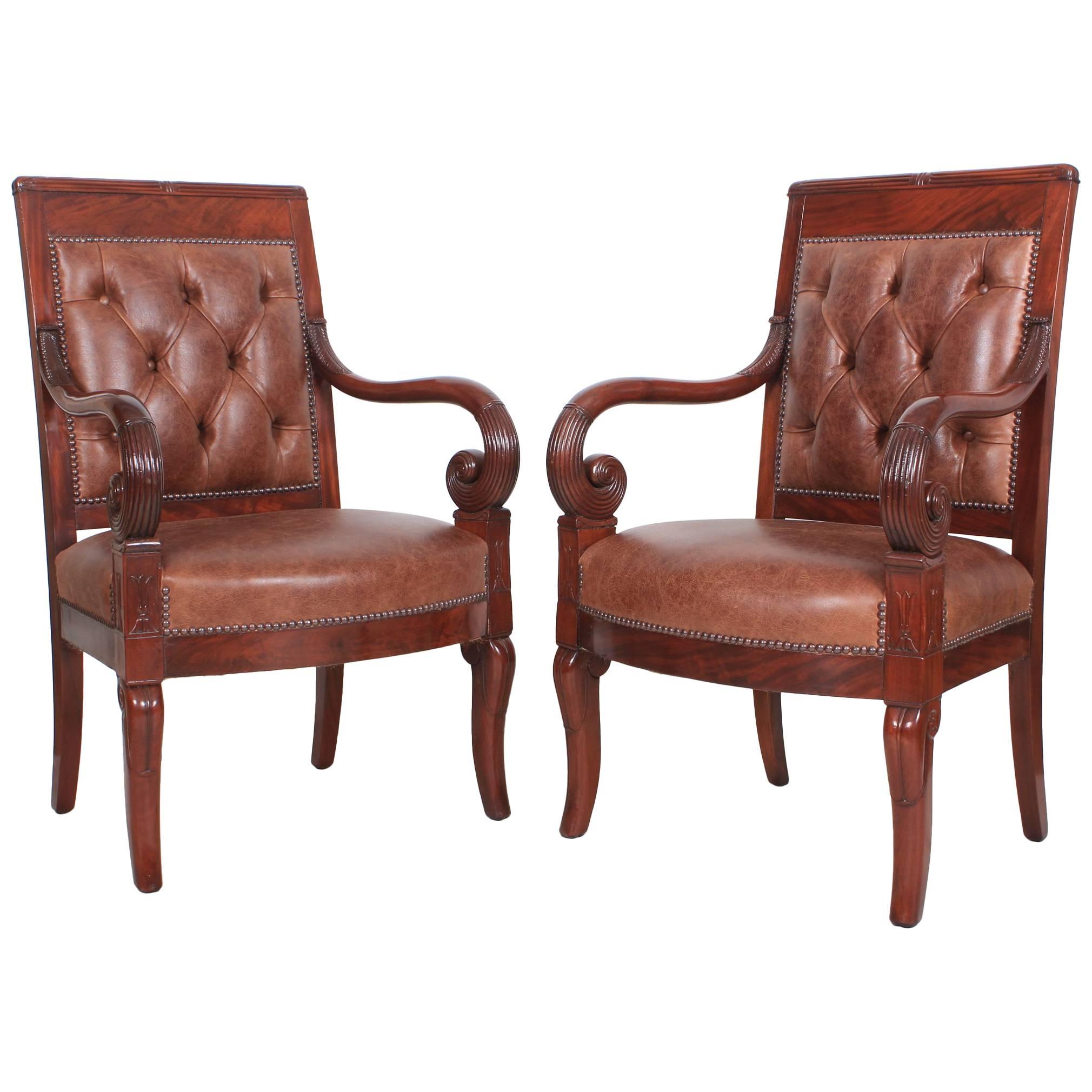 Pair of French Empire Style Mahogany and Leather Library Chairs For Sale